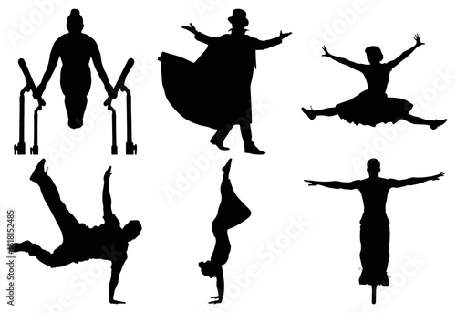 Diverse people performing various activities and poses on white background.