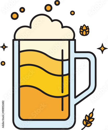 PrintIllustration of a beer mug with foam and bubbles, , showcasing a refreshing and inviting beverage concept in a simple style