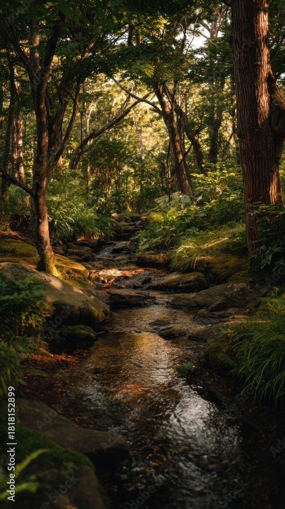 Obraz premium Serene Forest Stream: Nature's Tranquility in Golden Hour