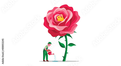 Gardener lovingly watering a giant vibrant rose in a whimsical garden scene, evoking growth, care, and the beauty of nature's wonders