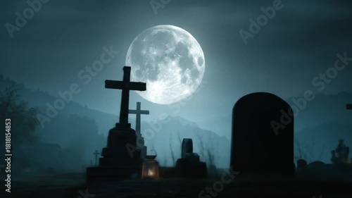 Moonlit cemetery, with weathered old crosses, foggy tombstones, and distantly blue mountains behind