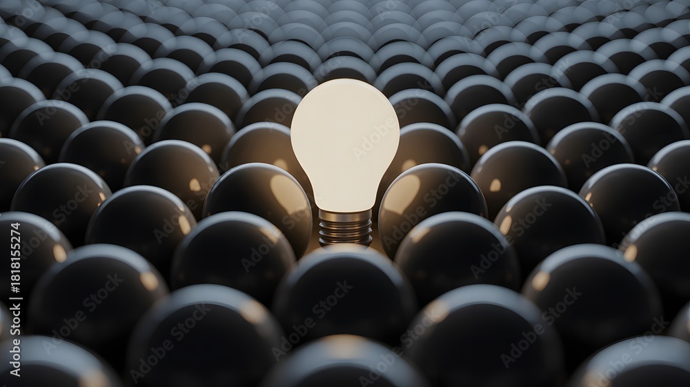Obraz premium Glowing light bulb standing out among many dark eggs symbolizing innovation and unique ideas