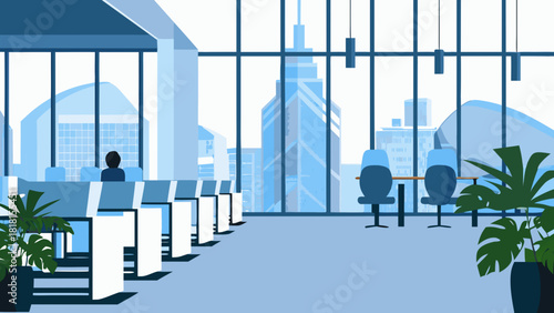 Illustration of a modern office space with desks, chairs, plants, and a large window overlooking the city