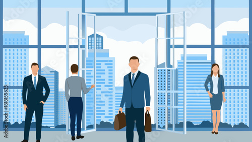 Business professionals in an office setting with city view and opening doors depicted in a cartoon style