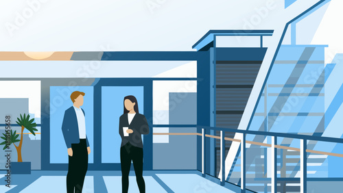 Two business people standing in a modern office building with glass walls and a potted plant near them