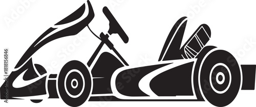Black and white graphic illustration of a go kart with stylized lines and curves karting