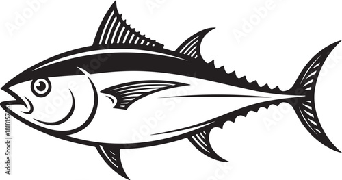 Black and white graphic illustration of a tuna fish with sharp fins and tail marine life