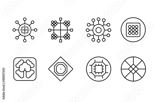 Collection of eight abstract technological and circuit icons in black outline on white