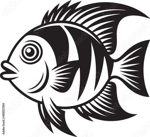 Black and white stylized illustration of a tropical fish with bold stripes and fins marine life