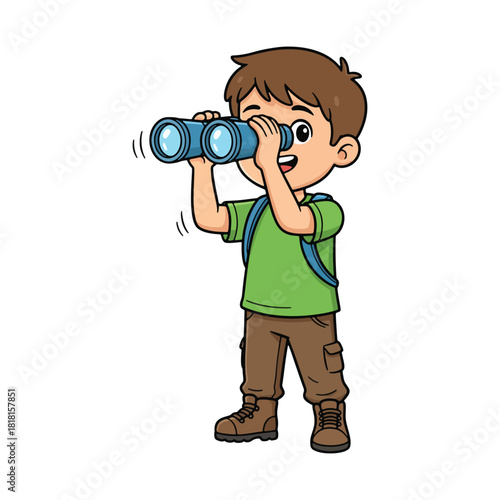 Happy cartoon boy explorer looking through blue binoculars.