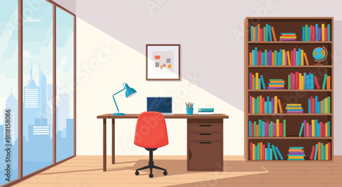 Modern workspace scene with bright cityscape view creates a productive atmosphere, ideal for work from home or creative office projects