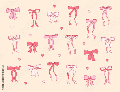 A set of pink bows and ribbons cartoon style. Coquette bow for hair decoration, celebration party items, gift packaging, present cards and luxury wrap pack.