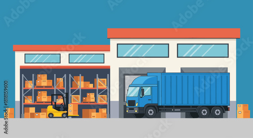 Efficient logistics warehouse with forklift and delivery truck for global distribution and supply chain management solutions for growing businesses today
