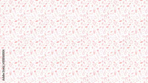 Seamless pattern with pink makeup elements on a white background for beauty and fashion themes design