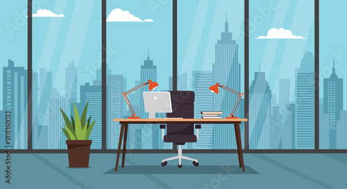 Bright modern office with skyline view providing a productive workspace for achieving goals and creating success in a professional setting