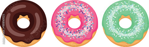 Sweet confectionery treats chocolate strawberry mint donuts isolated delicious bakery dessert vector