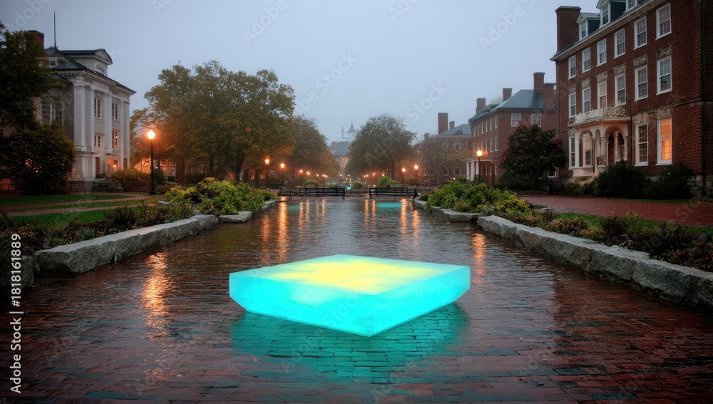 Fototapeta premium Illuminated sculpture glows in a reflective water feature on a misty day.