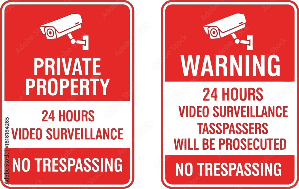 Εκτύπωση καμβά Private property warning surveillance no trespassing security signs red vector