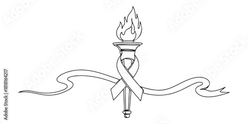 Continuous one line of torch with an awareness ribbon, symbolizing strength and unity, cancer theme, hand drawn vector illustration.