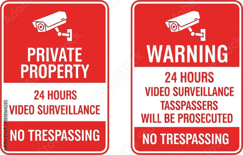 Private property warning surveillance no trespassing security signs red vector