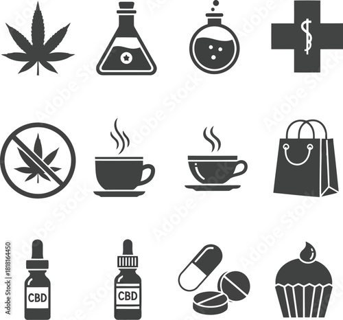 Cannabis icons collection cbd oil pills coffee cup gift bag medical cross vector symbols vector
