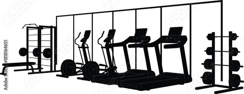 Clean modern fitness gym interior vector silhouette, featuring cardio equipment like treadmills and elliptical machines, with weights rack and strength bench station.