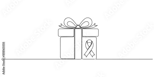 Continuous one line of gift box with a ribbon symbol, representing giving and support, cancer theme, hand drawn vector illustration.