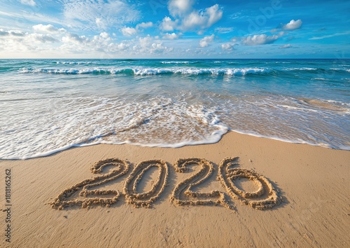 Happy New Year 2026 Written on Sandy Beach with Ocean Waves and Blue Sky Image.