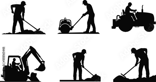 Construction workers and road building machinery silhouette, road roller, excavator, man with shovel, asphalt paving vector set.