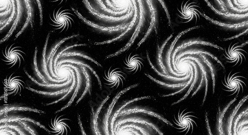 Seamless pattern of glowing white spiral galaxies against black