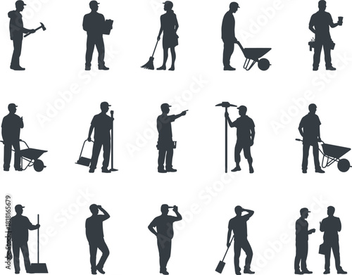 Construction workers silhouette set, maintenance people, handyman, cleaner, gardener, builder, labor, working activity, industrial profession vector.