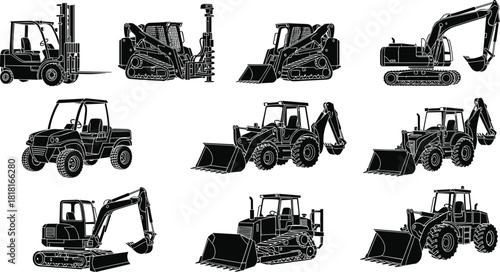 Heavy construction and utility machinery silhouette set, forklift, excavator, skid steer, backhoe, bulldozer, earth moving equipment vector.