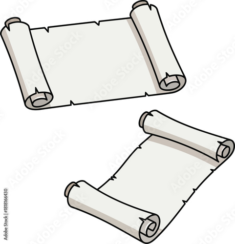 Two ancient scroll document paper rolls with torn edges isolated on plain background for design vector