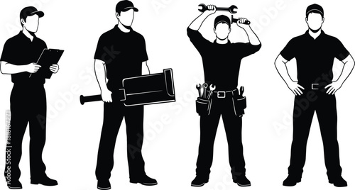 Professional mechanic, handyman, and service worker silhouette set, featuring men in uniform with clipboard, tool belt, and wrench vector graphics for repair and labor.
