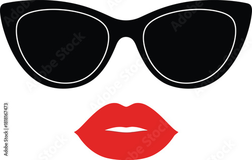 Stylish cat eye sunglasses and red lips graphic icon for fashion and beauty concepts vector