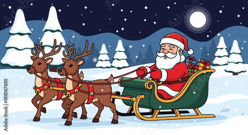 Santa Claus is coming to town in his sleigh pulled by reindeer on a snowy winter night with presents for everyone spreading joy