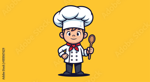 Adorable young cartoon chef smiles, ready to cook up something delicious, perfect for kids' menus and food branding on a bright yellow background