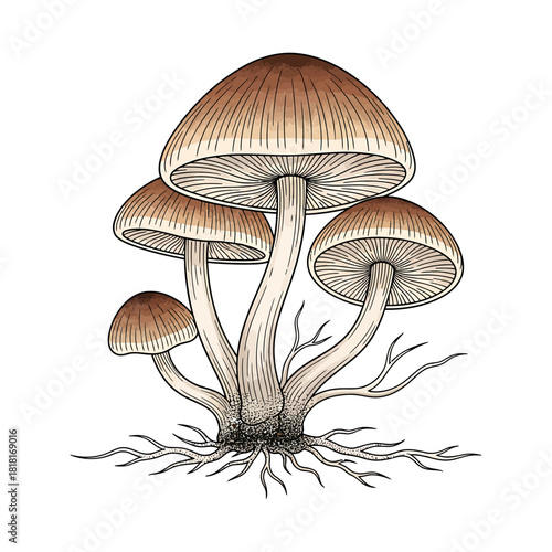 Vintage illustration of a cluster of brown gilled mushrooms on black