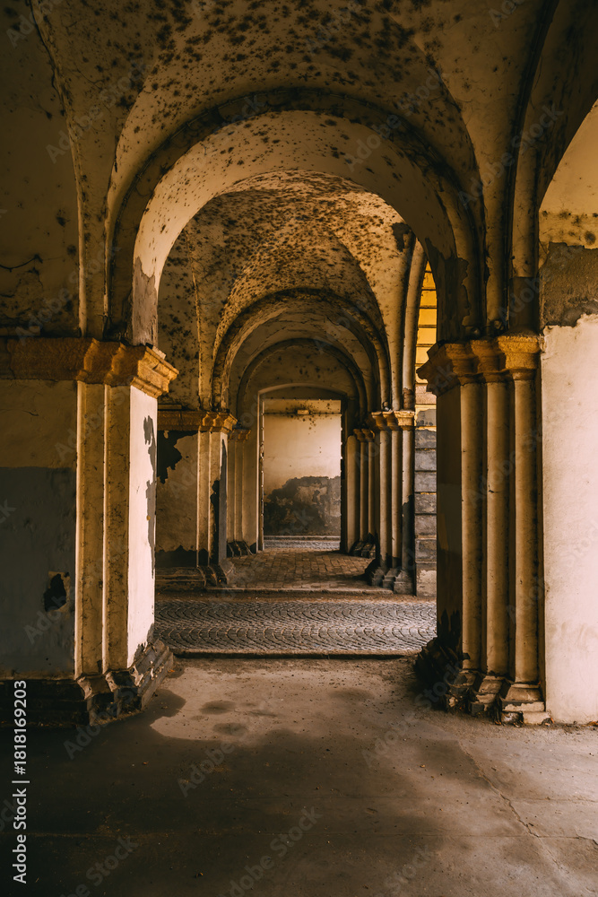 Obraz premium Aged architectural corridor with arched ceilings, decayed plaster walls, and warm light creating depth and shadows in an old historic passageway.