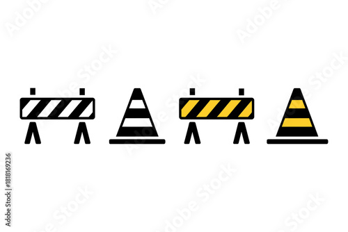 Collection of striped construction barriers and traffic cones in black, white, and yellow for warning, caution, road work, or restricted area