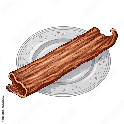 Long strip of crispy cooked bacon resting diagonally on a small white plate