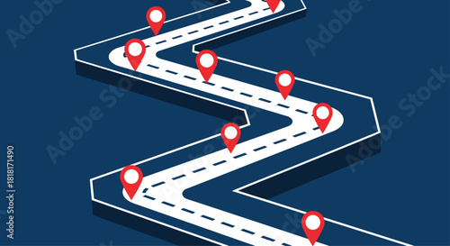 Detailed road map with red location pins showcasing strategic direction and business milestones toward success and achievement of goals