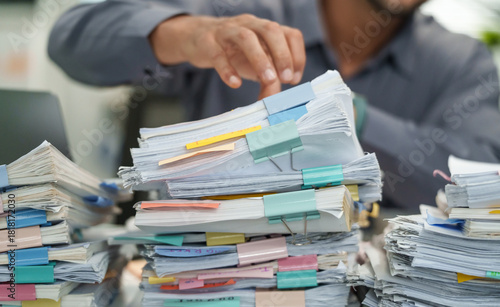 close up office employee searching and arranging documents with files and paperwork on  Desk