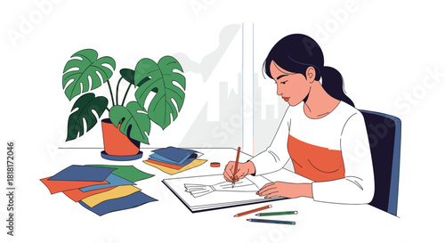 Creative fashion designer sketching elegant dress design in her bright studio with vibrant color swatches, perfect for fashion blog or design course