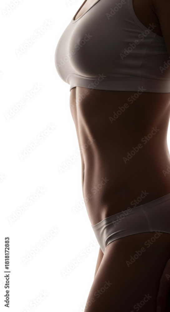 Fototapeta premium Woman silhouette showing slim and fit belly with copy space. Concept of weight loss, diet, sport, healthy lifestyle, ideal body shape.