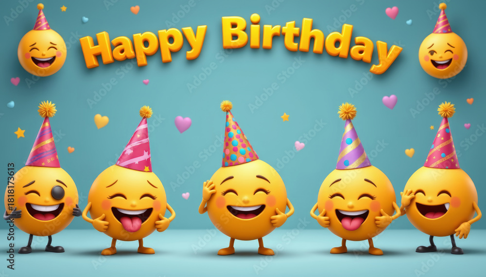 Naklejka premium Happy birthday emoji party hat smile laugh cute joyful celebration