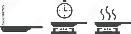Cooking process steps icons frying pan stove time heat icons simple silhouette graphics vector