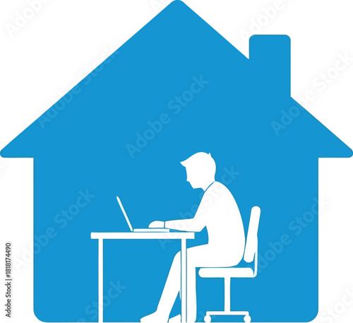 Person working on laptop inside silhouette of a house illustration representing remote work and home office concept vector