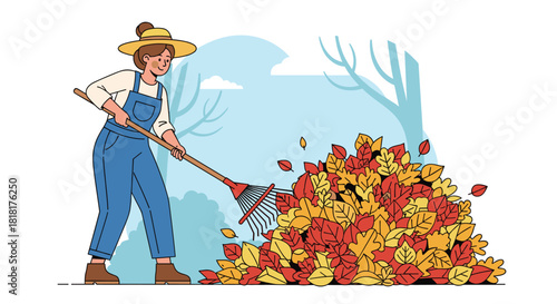 Cheerful gardener raking vibrant autumn leaves into a colorful pile on a crisp day, perfect for seasonal outdoor activities and cozy fall vibes
