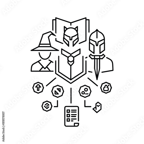 Line art icon representing fantasy roleplaying game character class selection and progression
